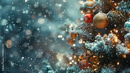 Christmas holidays banner, tree, bokeh background