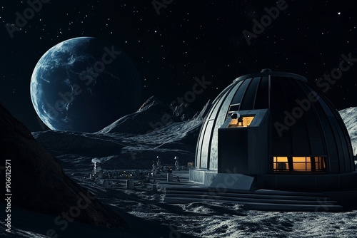 Mondbasis mit Blick auf die Erde bei Nacht