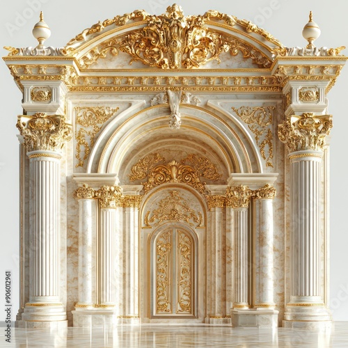 classical portico with golden architectural details isolated on a white background