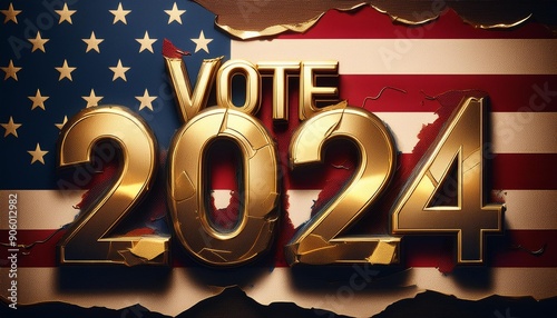 Vote 2024 Sign, gold letter on a tattered American Flag, United States
