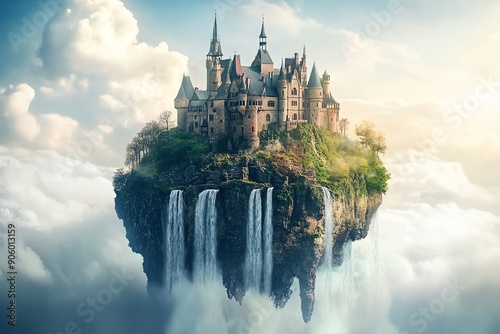A majestic castle perched atop a floating island with cascading waterfalls.