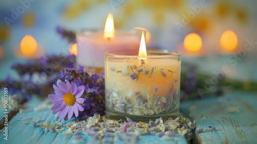 Herbal scented candles with dried chamomile and lavender, natural herbs spa, relaxing ambiance