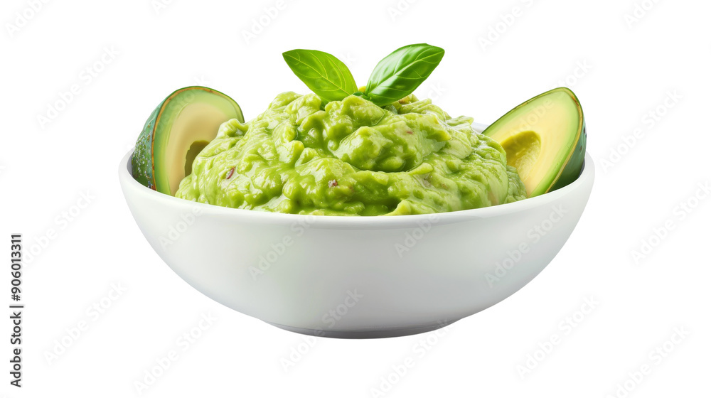 Creamy and fresh avocado guacamole served in a white bowl, garnished with basil leaves and avocado slices for a healthy snack.