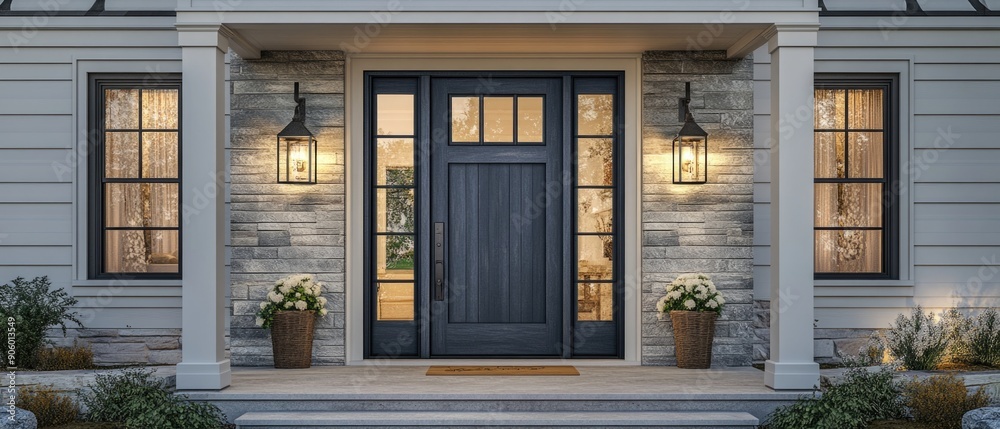 Obraz premium Stylish modern cottage front door, adding charm to your home's entrance.