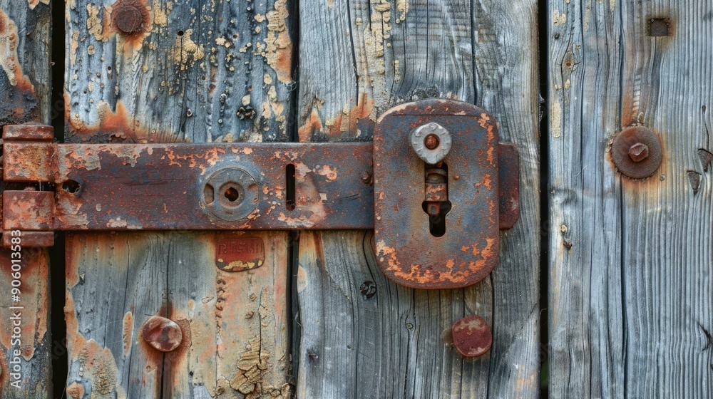 Rusty lock secures weathered wooden door Rusty lock secures weathered wooden door