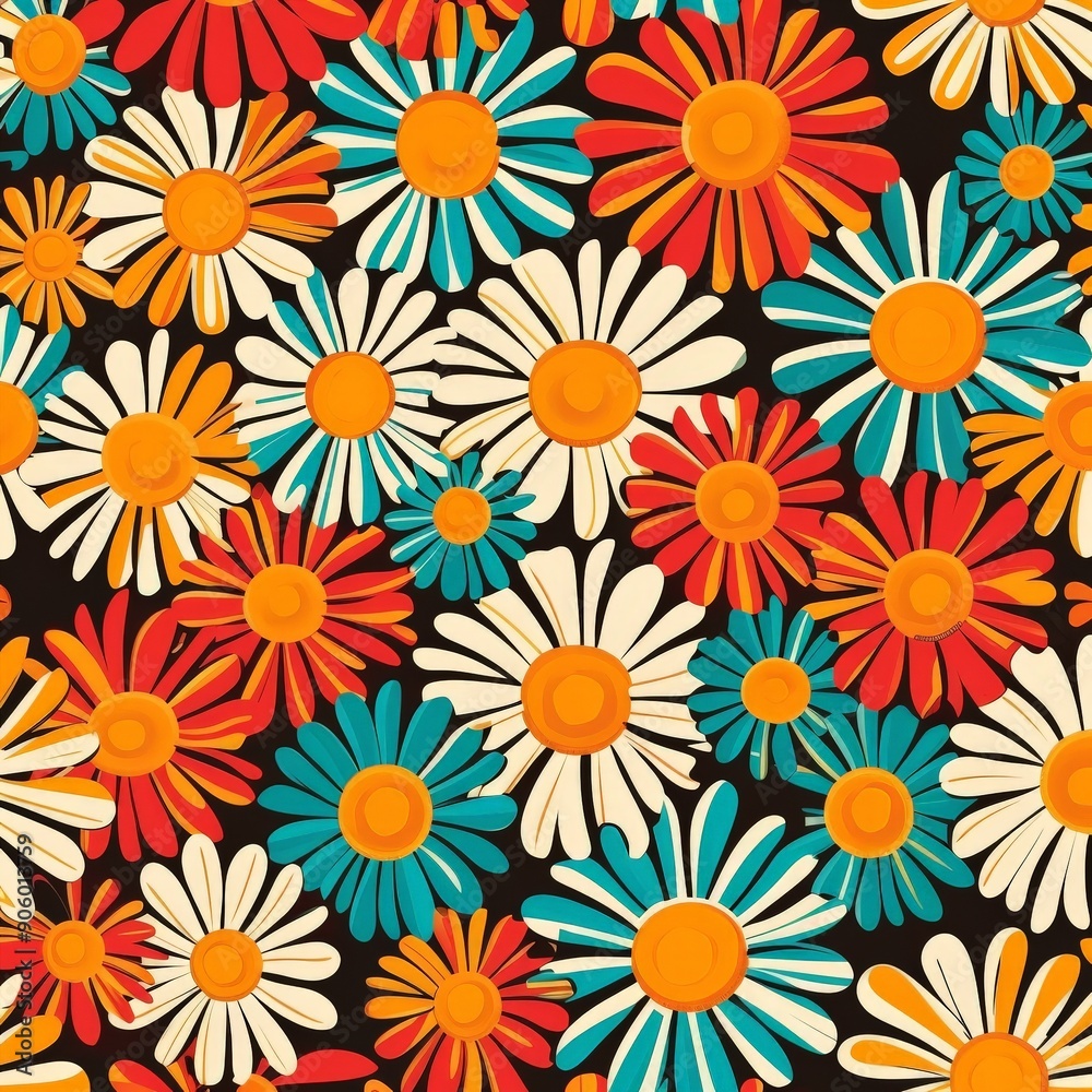 Seamless pattern of colorful retro daisies on a black background Seamless pattern of colorful retro daisies on a black background