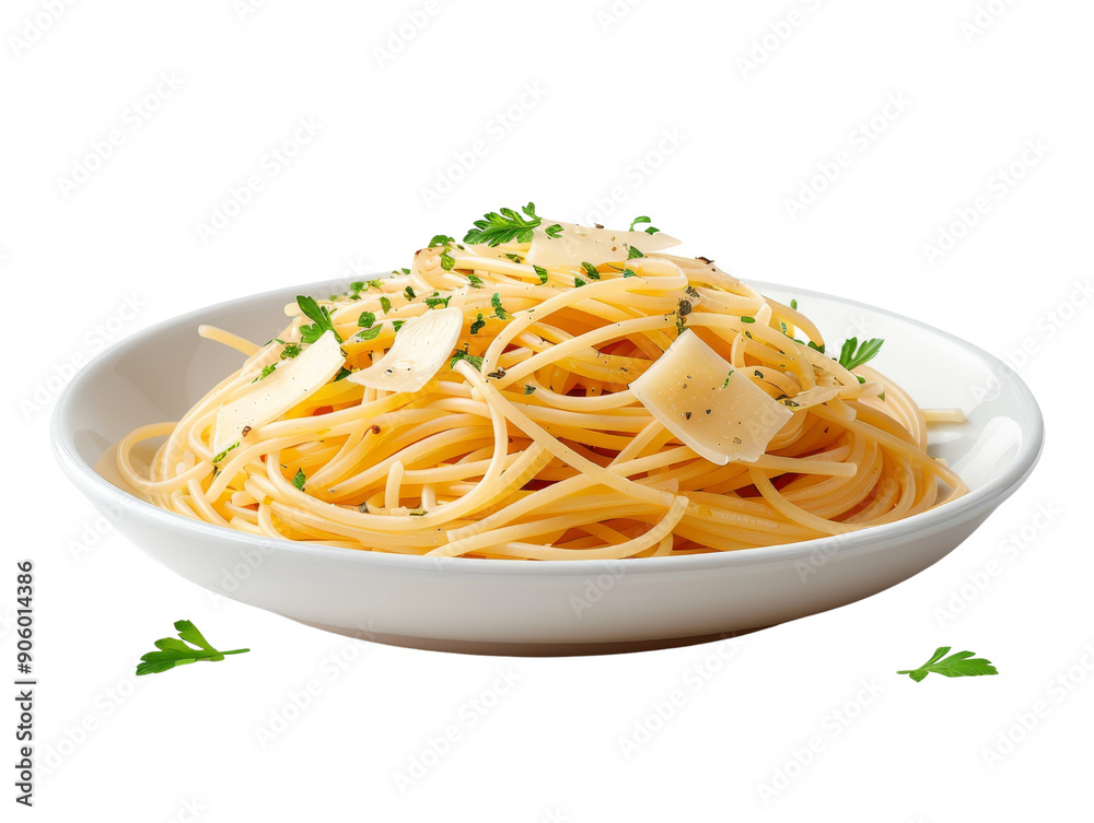 Delicious plate of spaghetti topped with cheese and herbs, perfect for food photography and culinary presentation. Delicious plate of spaghetti topped with cheese and herbs, perfect for food photography and culinary presentation.