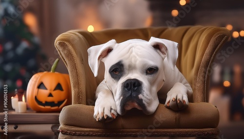 Old, white boxer laying down near a pumpkin ,halloween costume