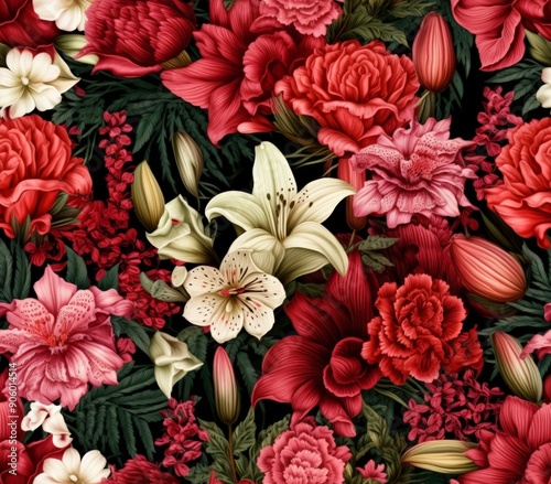 Seamless pattern of red pink and white flowers with green leaves