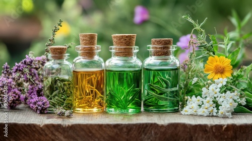 Glass bottles of herb oils used in homeopathy, ideal for health and wellness themes.