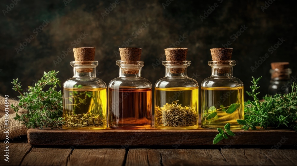 Glass bottles of herb oils used in homeopathy, ideal for health and wellness themes. Glass bottles of herb oils used in homeopathy, ideal for health and wellness themes.