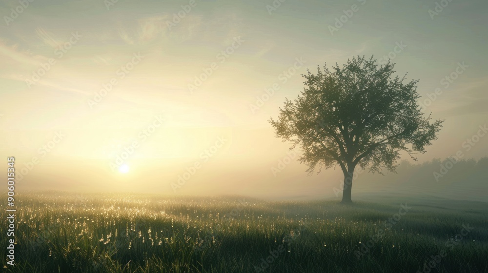 Solitary Tree in a Misty Meadow at Sunrise Solitary Tree in a Misty Meadow at Sunrise