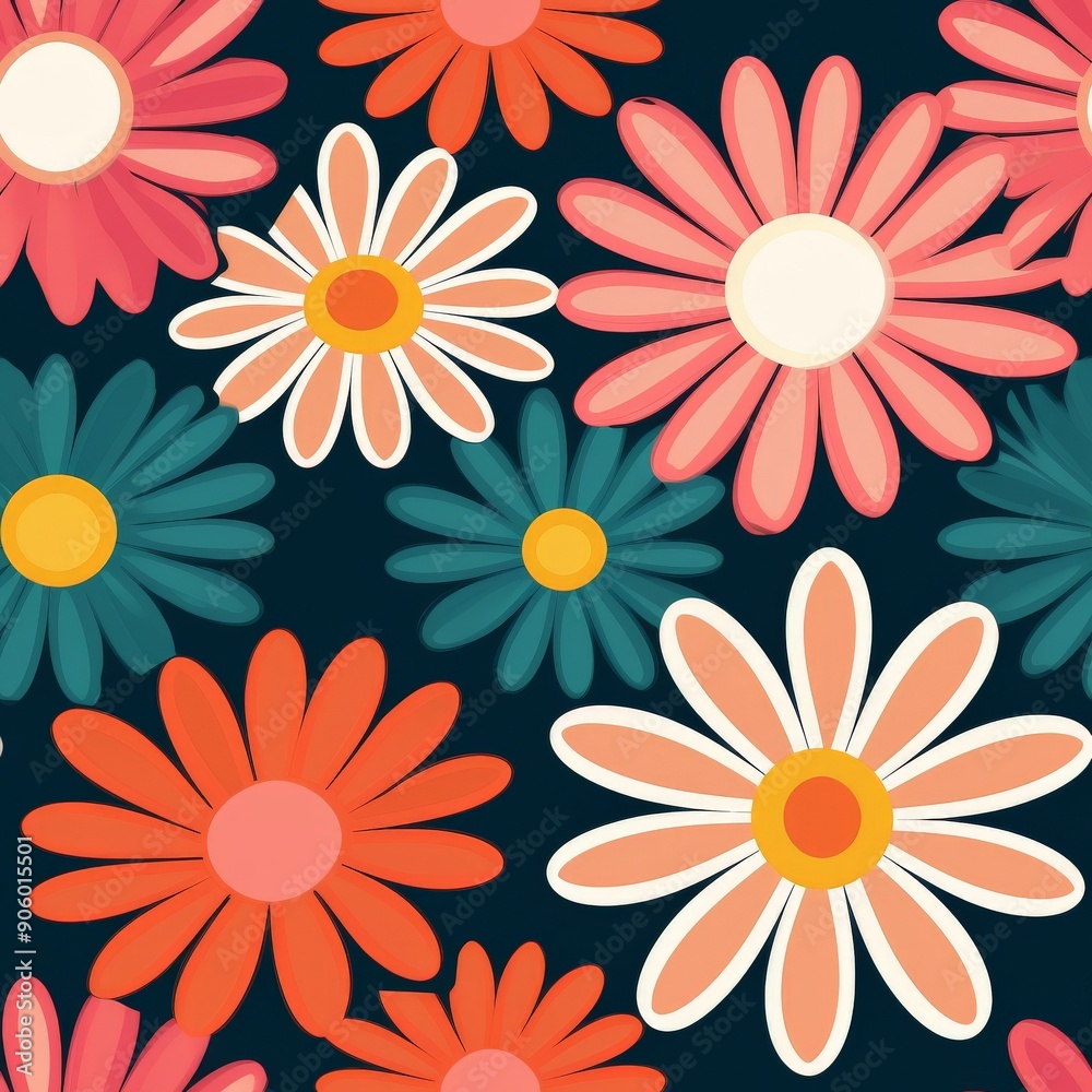 Seamless pattern with colorful handdrawn daisies on a dark blue background Seamless pattern with colorful handdrawn daisies on a dark blue background