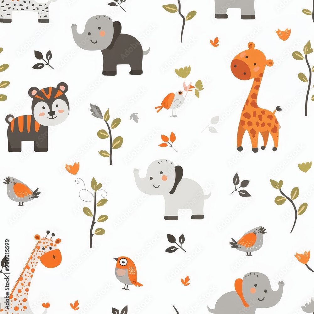 Seamless pattern with cute cartoon animals and plants