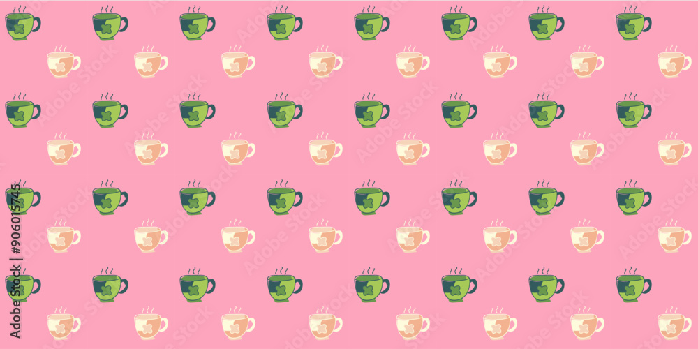 Cute seamless pattern with coffee cups on a pink background and floral patterns. Perfect for wallpaper, decoration or Valentine's Day.