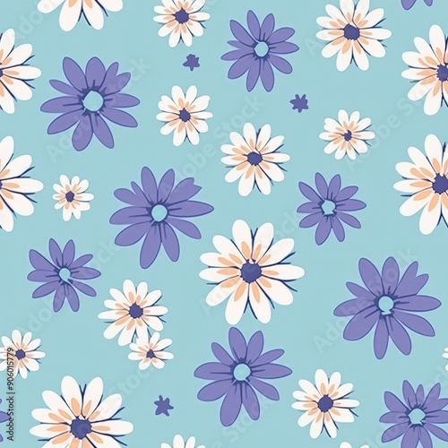 Wallpaper Mural Seamless pattern with cute cartoon doodle flowers on blue background Torontodigital.ca