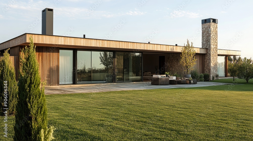 Country house with a modern wooden fence, emphasizing harmony between rustic living and modern design Country house with a modern wooden fence, emphasizing harmony between rustic living and modern design