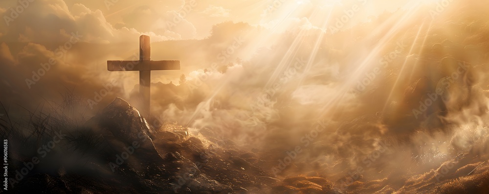 Naklejka premium cross, religion, sky, god, christ, church, faith, clouds, crucifix, symbol, easter, light, religious, heaven, cloud, crucifixion, silhouette, catholic, spiritual, bible, sunset, resurrection, blue, ho