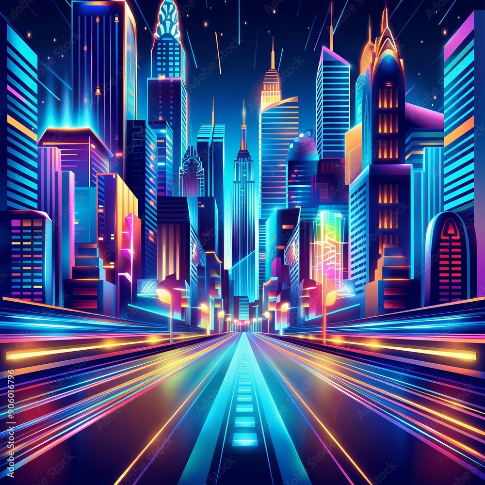 Stunning digital artwork of a futuristic cityscape with vibrant neon lights and fast-moving traffic at night. Stunning digital artwork of a futuristic cityscape with vibrant neon lights and fast-moving traffic at night.