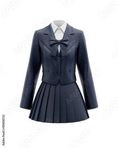 Stylish navy blue school uniform with a pleated skirt and bow tie, perfect for educational settings or fashion illustrations.