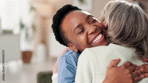 Nurse, caregiver and hug with elderly care for empathy, support or assistance at nursing home. Female person, senior woman and mature patient for embrace, healthcare or bonding at old age house