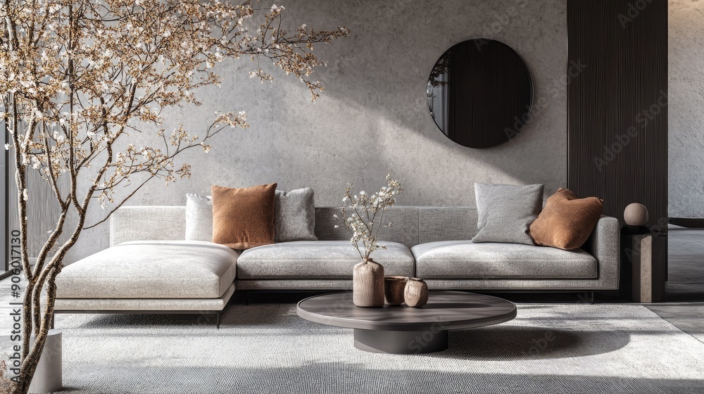 Elegant living room with a modern sofa, sleek coffee table, and blooming branches adding a touch of freshness Elegant living room with a modern sofa, sleek coffee table, and blooming branches adding a touch of freshness