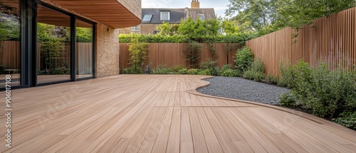 Exterior view of a back garden patio area featuring wood decking, ideal for outdoor living spaces.