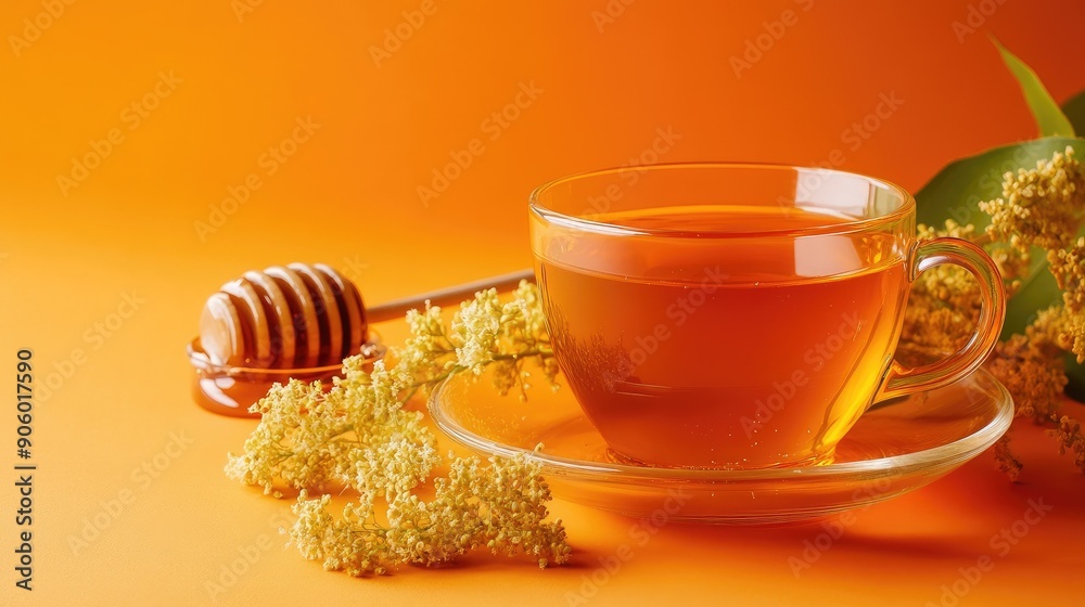 Inviting cup of linden tea with a honey bowl, against an orange background, emphasizing comfort and health benefits Inviting cup of linden tea with a honey bowl, against an orange background, emphasizing comfort and health benefits