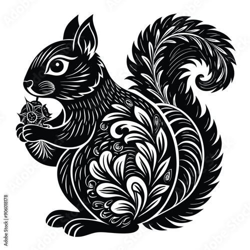 Black and White Ornate Squirrel Holding a Nut