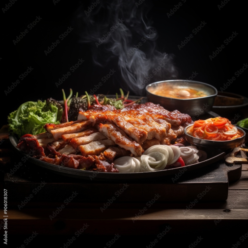 Sizzling pork belly slices with kimchi and soup Sizzling pork belly slices with kimchi and soup