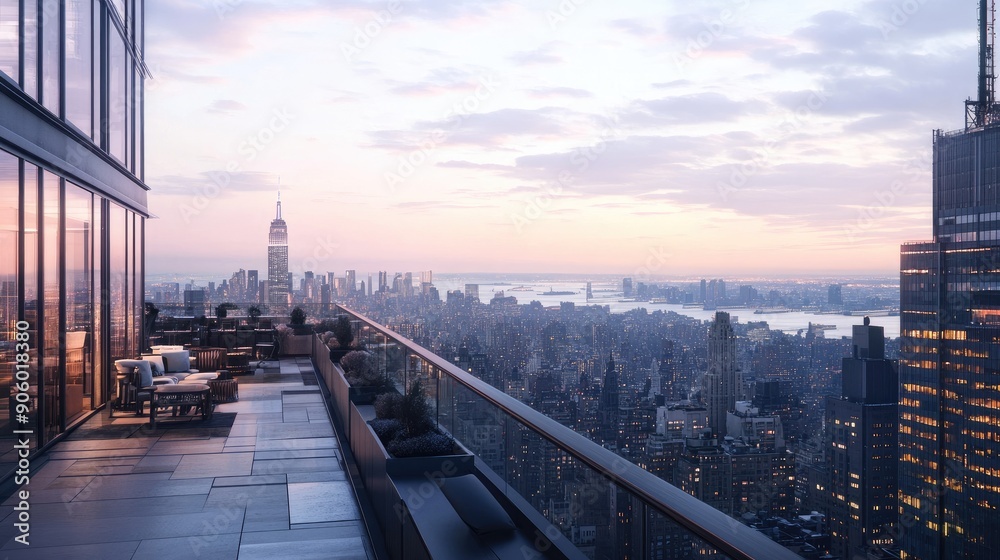 Obraz premium Overlooking a cityscape from a high rooftop, panoramic view highlighting the blend of architecture and horizon