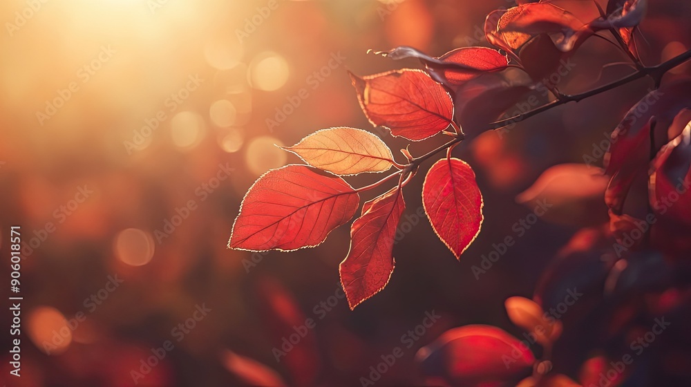 Red autumn leaves on a branch, highlighted by sunlight, creating a picturesque seasonal scene Red autumn leaves on a branch, highlighted by sunlight, creating a picturesque seasonal scene