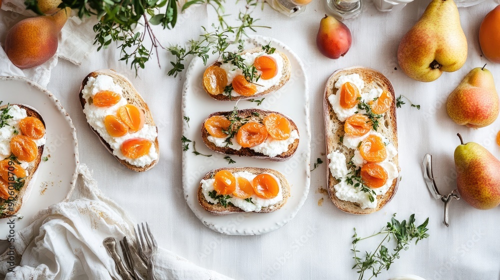 Rustic white table with ricotta bruschettas, fresh pears, and apricots, showcasing a vibrant and appetizing spread Rustic white table with ricotta bruschettas, fresh pears, and apricots, showcasing a vibrant and appetizing spread