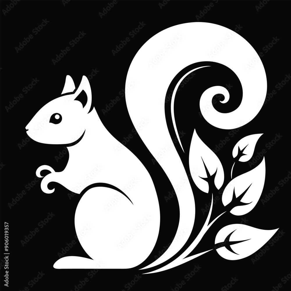 Stylized White Squirrel with Swirling Tail and Leaves Stylized White Squirrel with Swirling Tail and Leaves