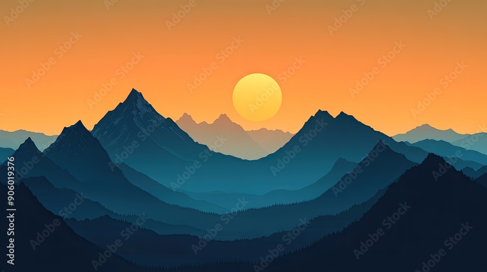 Sun setting behind mountains, with the peaks in silhouette, creating a striking and calming scene Sun setting behind mountains, with the peaks in silhouette, creating a striking and calming scene