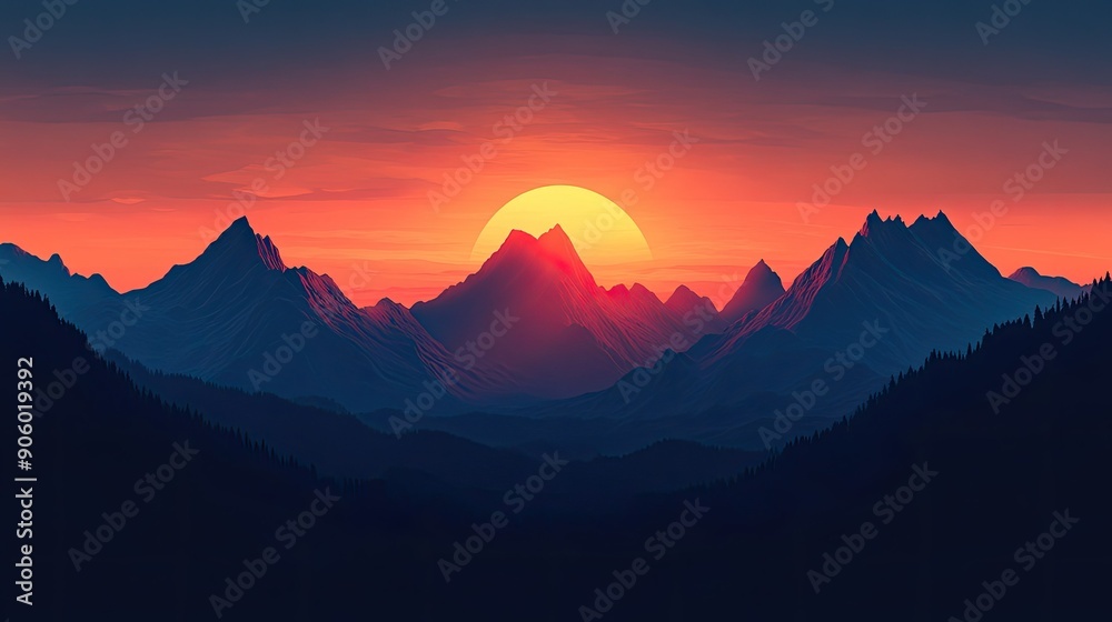 Obraz premium Sunset behind a silhouetted mountain range, highlighting the beauty and tranquility of nature