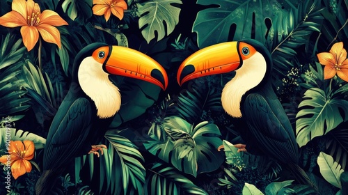 Illustration of a vibrant tropical rainforest with toucans, showcasing lush greenery and exotic wildlife. photo