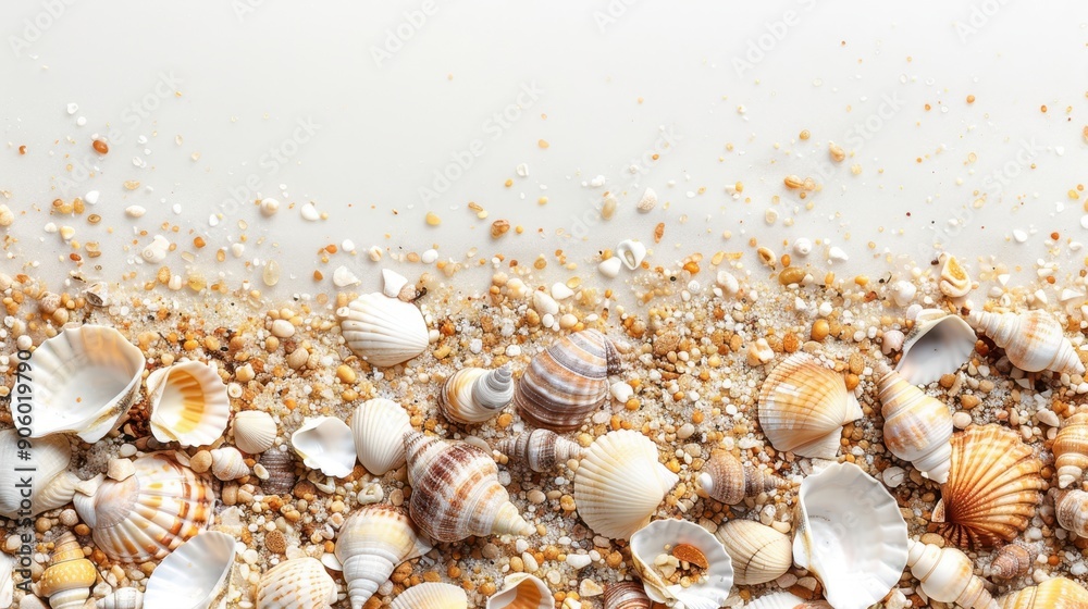 Top view seashells in the sand. Travel, vacation, sea concept Top view seashells in the sand. Travel, vacation, sea concept