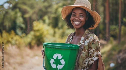 Smiling woman holding a green recycling bucket in a lush green forest photo