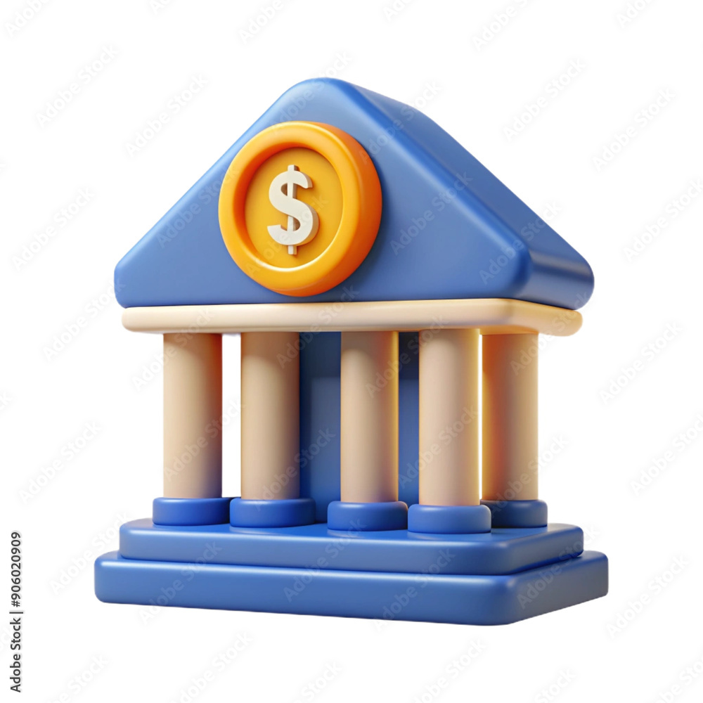 3D Cartoon Bank Icon with Dollar Sign 3D Cartoon Bank Icon with Dollar Sign