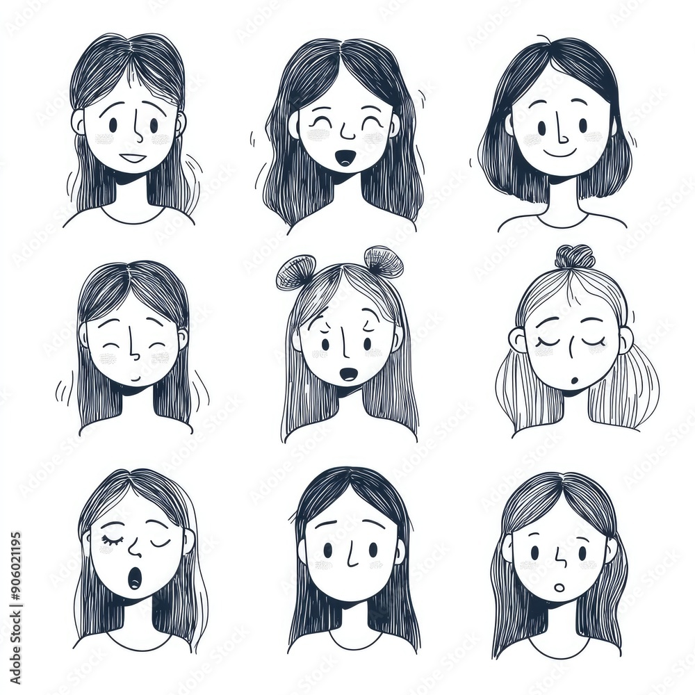 Hand-drawn illustrations of nine women with various facial expressions Hand-drawn illustrations of nine women with various facial expressions