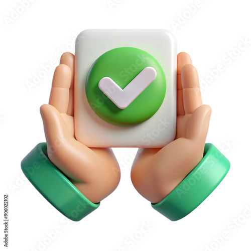 3D Illustration of Hands Holding a Green Check Mark Icon