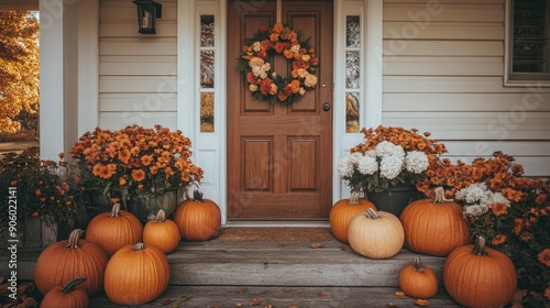 Autumn-themed front door decoration with pumpkins and flowers, perfect for fall and Halloween. photo