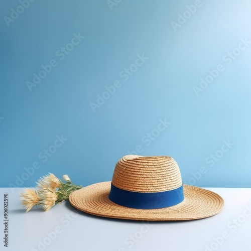 Straw hat with blue ribbon and dried flowers on table against blue background photo