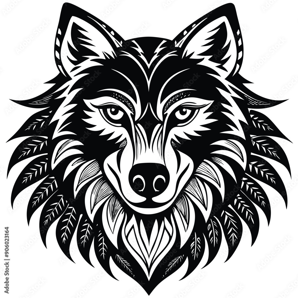 Black and White Ornamental Wolf Head Black and White Ornamental Wolf Head