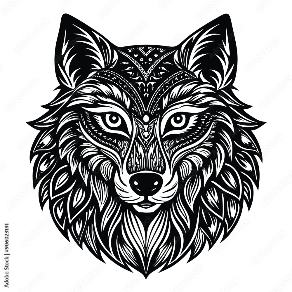 Fototapeta premium Ornate Black and White Wolf Head with Intricate Detail