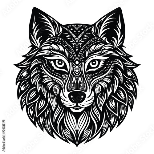 Ornate Black and White Wolf Head with Intricate Detail