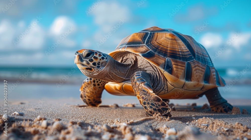 Obraz premium Big Turtle Walking on Sand Beach