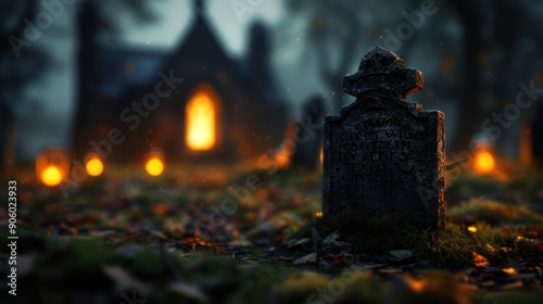 A graveyard with a ghostly caretaker, flickering lanterns, and eerie sounds