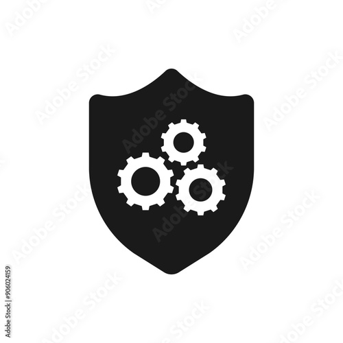 Shield with gear. System protection icon flat style isolated on white background. Vector illustration
